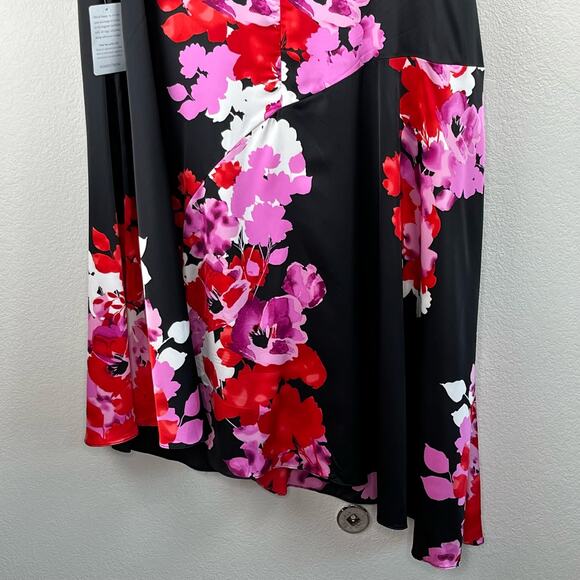 Maggy London Woman Multi Black Floral Asymmetric Charmeuse Midi Dress 24W NWT - Picture 9 of 13